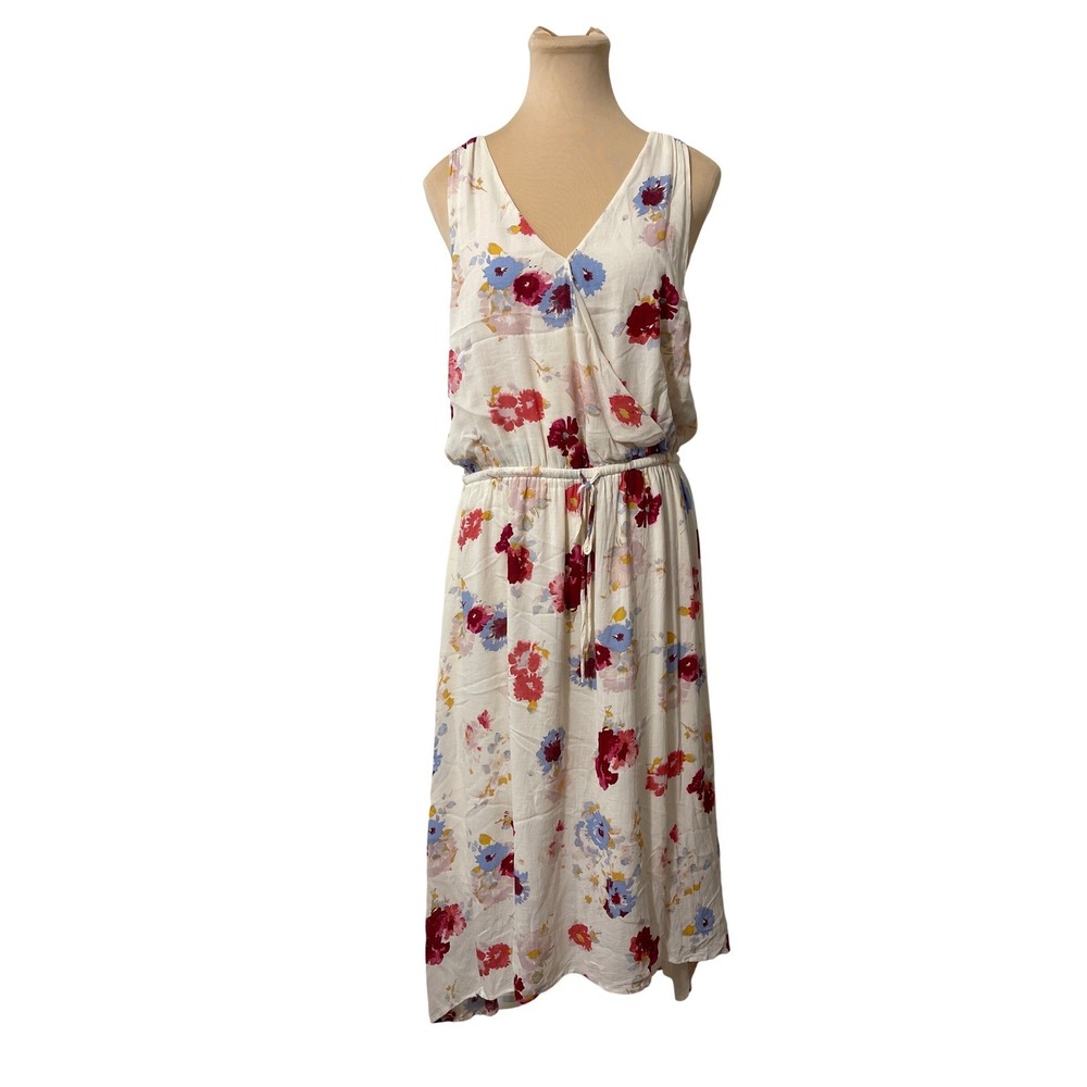 Lucky Brand Floral Midi Dress Large White Red Blue Cottagecore Boho Casual - Picture 2 of 10